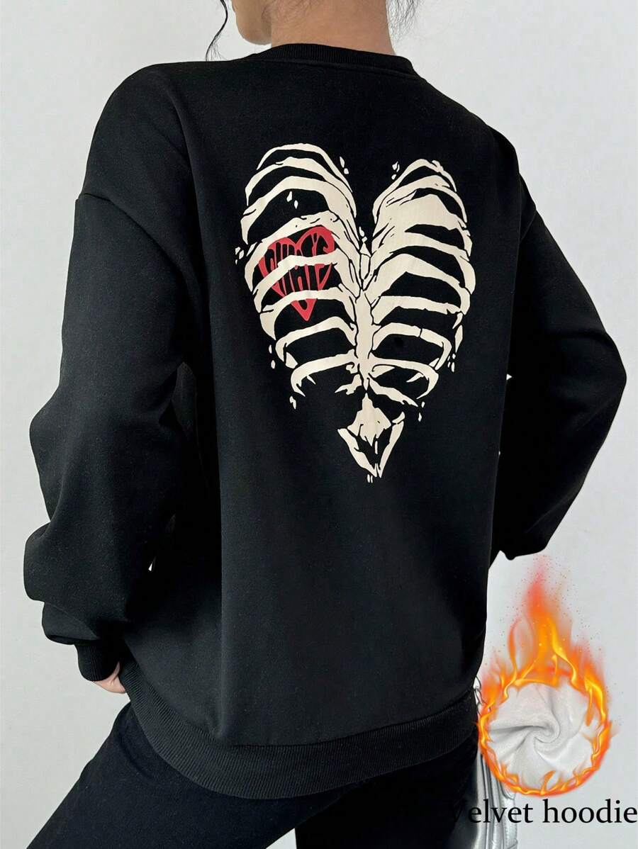 Chiquease Sudadera casual de cuello redondo de manga larga con estampado de corazón de esqueleto simple para uso diario, tipo pullover para otoño - Negro - Ver 1