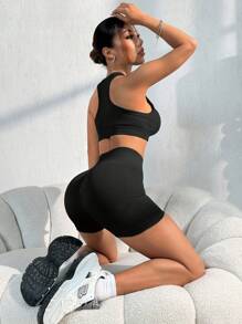 2pcs Simple Solid Color Wide Strap Top And Shorts Casual Set Workout Women Setwomen Workout Set