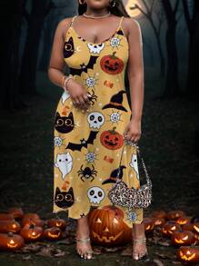 Slaydiva Lässiges, einfaches Damen Sommerkleid mit lockerem Träger und Taschen, Muster mit Halloween-Motiven wie Kürbis, Fledermaus, Gespenst, Katze, Hexenhut, Süßigkeiten, Stern und Spinne - Verschiedenfarbig - Übersicht 1