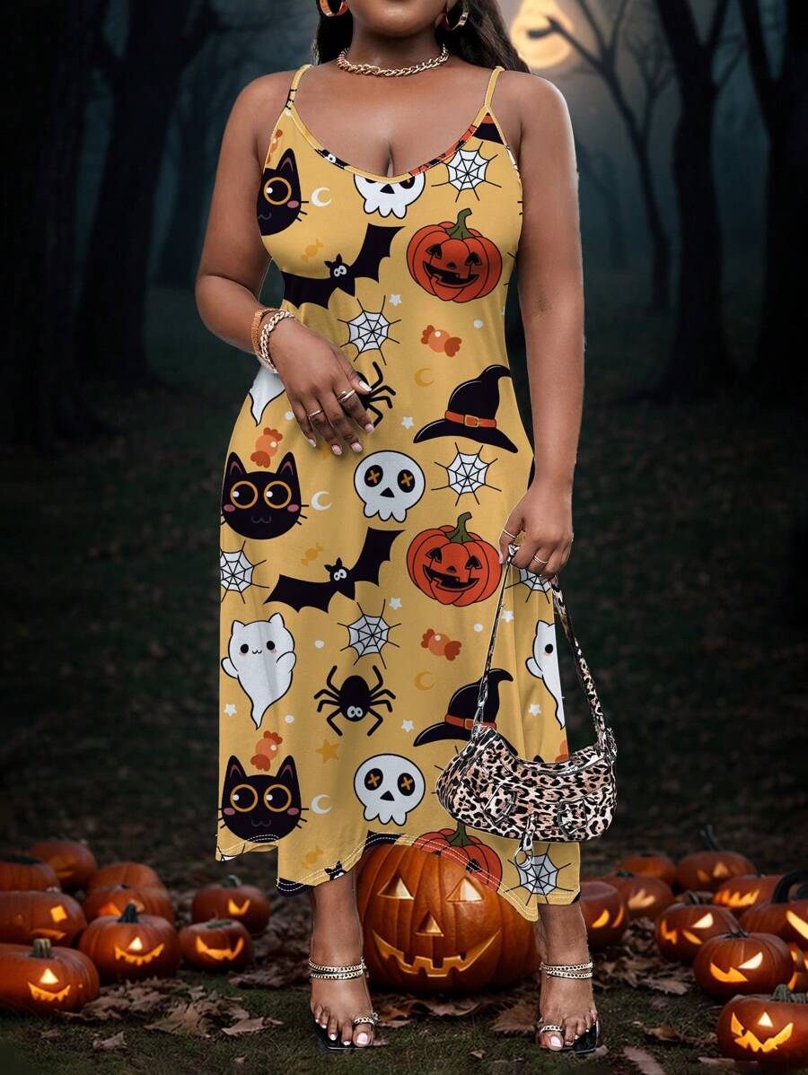 Slaydiva Lässiges, einfaches Damen Sommerkleid mit lockerem Träger und Taschen, Muster mit Halloween-Motiven wie Kürbis, Fledermaus, Gespenst, Katze, Hexenhut, Süßigkeiten, Stern und Spinne - Verschiedenfarbig - Übersicht 1
