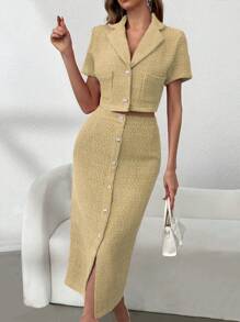 Chiquease 2 chiếc áo khoác vải tuýt nhẹ không cổ dành cho nữ và váy dài viền thanh lịch đi làm - màu nâu - Xem 1