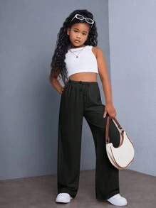 SHEIN Pantalones anchos de pierna ancha sólidos cómodos informales para niña preadolescente - Negro - Ver 5
