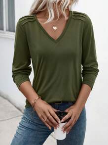 EMERY ROSE Women's V-Neck Long Sleeve Casual T-Shirt, Autumn