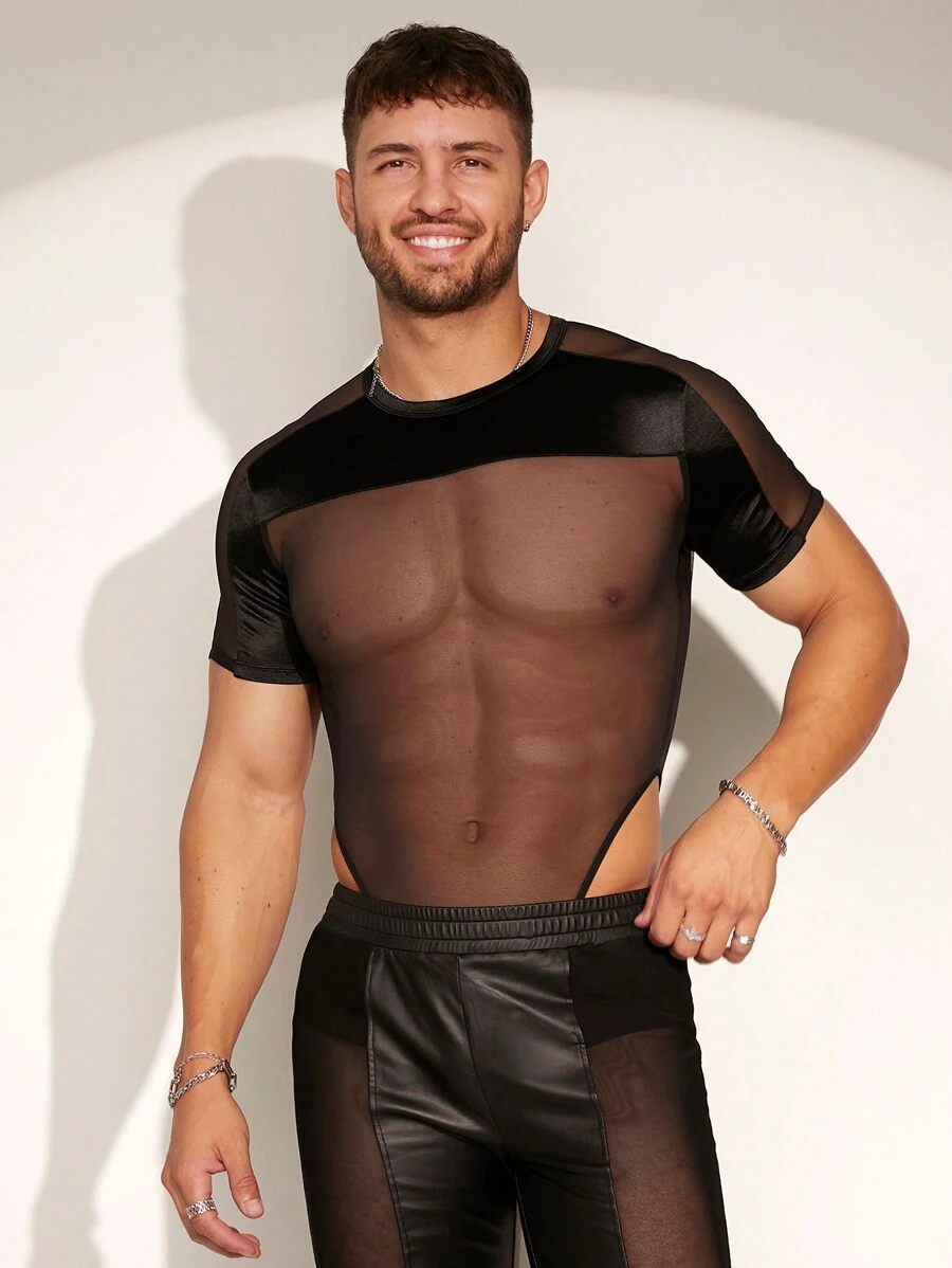 FeverCity Men's Mesh Contrast Color-Blocked Skinny Jumpsuit & Bib Pants - Black - View 1