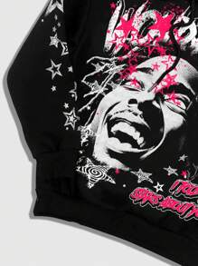 ROMWE MEN Street Life sweat-shirt à capuche zippé avec imprimé portrait pour homme, ample et décontracté, vêtement de tous les jours - Noir - Voir 4