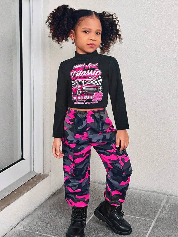 SHEIN Streecool Kids Young Girl 2Pcs Sets: Black Mock Neck Long Sleeve Graphic Tee Shirt + Camouflage Cargo Pocket Joggers Pants, Suitable For Autumn, Winter, Casual, Party, School, Birthday, Picnic, Matching With Sisters