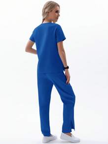 TaskEZ Set de 2 piezas de uniforme de enfermera, blusa de manga corta y pantalones para verano - azul real - Ver 6