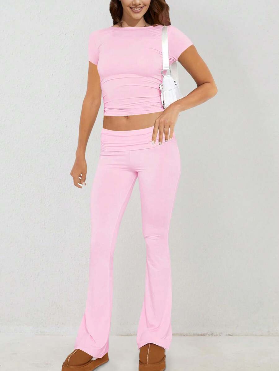 情人节休闲纯色修身短袖上衣和喇叭裤针织运动两件套