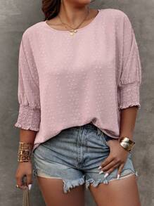 EMERY ROSE Plus Size Women Summer Solid Round Neck 3/4 Sleeve Loose Casual Blouse