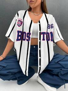 SHEIN EZwear Women's Sport Letter Graphic Striped Drop Shoulder Baseball Jersey Shirt - Multicolor - View 5