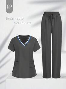 SHEIN TaskFit Striped V-Neck Short Sleeve Pocket Top And Pants  Scrubs Set,Health Check Scrubs Uniforms Women Solid Color Pet Grooming Work Uniform Set Nutritionist Work Suits Short Sleeved Lab Work Wear - Grey - View 1