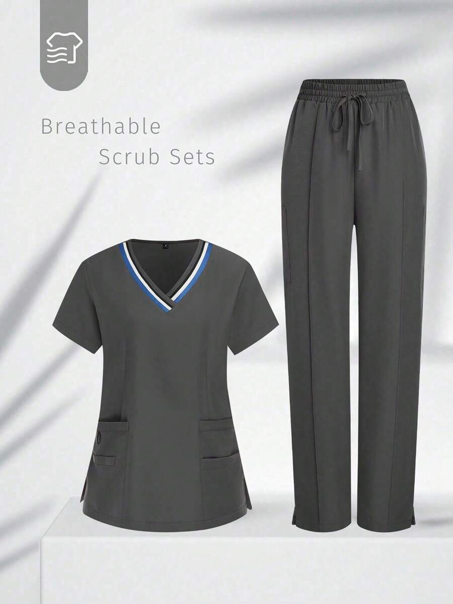 SHEIN TaskFit Striped V-Neck Short Sleeve Pocket Top And Pants  Scrubs Set,Health Check Scrubs Uniforms Women Solid Color Pet Grooming Work Uniform Set Nutritionist Work Suits Short Sleeved Lab Work Wear - Grey - View 1