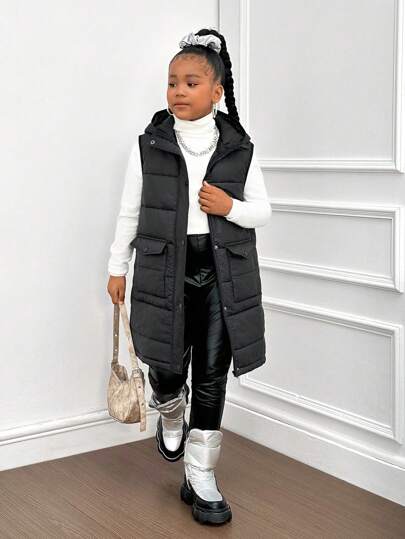SHEIN Tween Girl Sleeveless Hooded Cinched Waist Padded Coat, Autumn/Winter