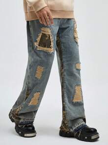 ROMWE MEN Street Life Quần Jeans Ống Thẳng Màu Tương Phản Rách Rách Ngụy Trang Cho Nam - Rượu sâm banh - Xem 2