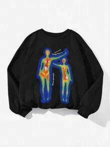 SHEIN EZwear Casual Simple Thermal Graphic Print Round Neck Loose Fit Thick Sweatshirts For Women, Fall/Winter , Black Sweatshirt,Long Sleeve Tops
