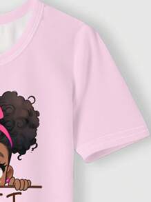 SHEIN 2 件套青少年女孩休闲可爱卡通非裔美国女孩，蝴蝶结、字母印花短袖 T 恤和裤子睡衣套装，舒适合身的青少年女孩睡衣，女孩睡衣，女孩秋装，女孩秋装，青少年女孩服装，女孩睡衣套装，粉色 - 彩色 - 查看 4