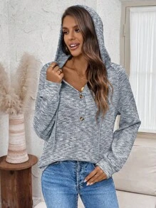 SHEIN LUNE Women's Hooded Sweatshirt With Floral Voile Waffle Knit & Button Front Design, 4-Season In Fall/Winter - Multicolor - View 5