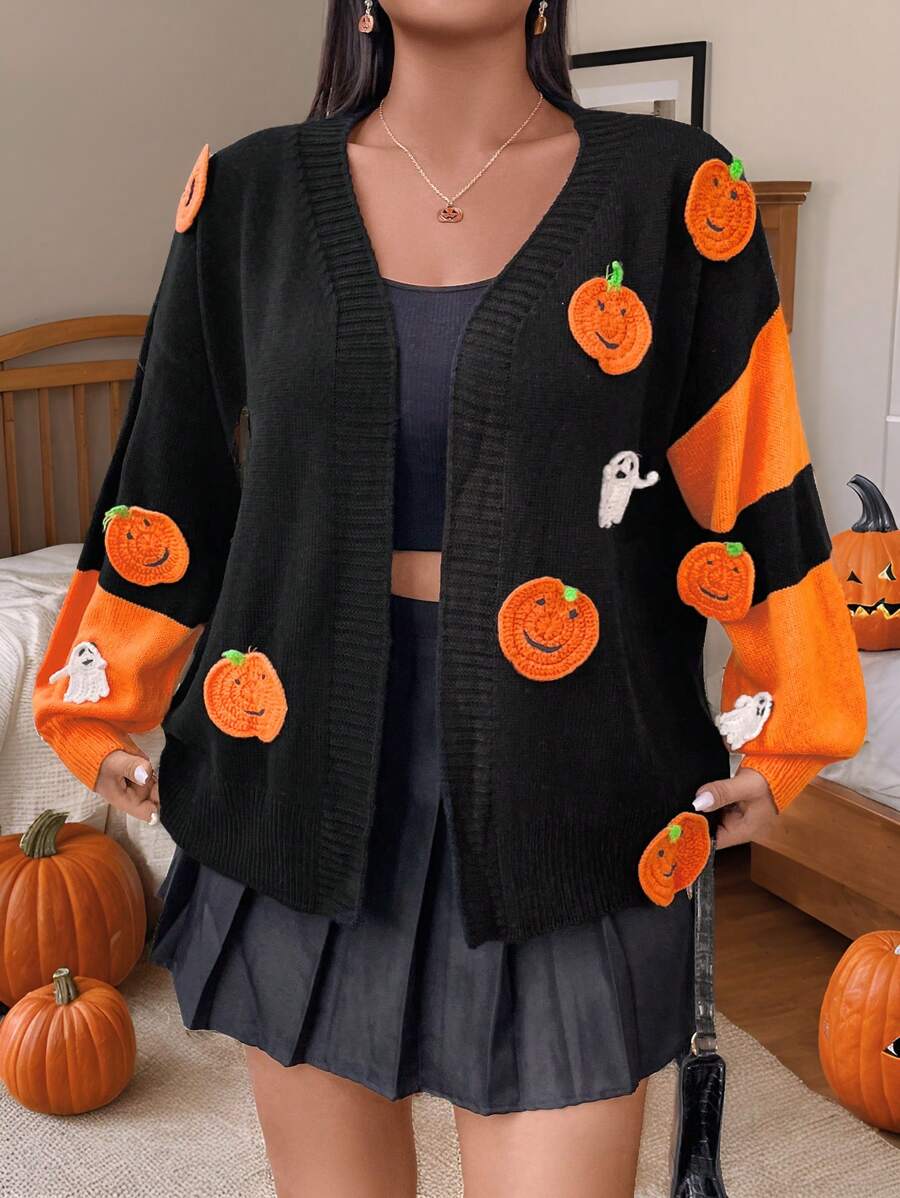 Flirla Cardigan Casual Aberto com Blocos de Cor Texturizada de Abóbora e Fantasma, para Outono e Halloween, em Plus Size