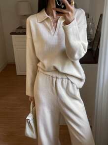 DAZY 2pcs Women's Collared Pullover Sweater & Pants Set Fall