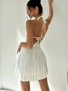 Firerie 2pcs/Set Women Summer Elegant Back-To-School Commute Vacation Street Fashion Halter Pleated Backless Tie Tank Top And High Waist Pleated Mini Skirt