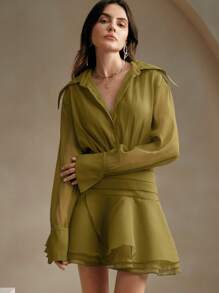 Anewsta 荷叶边饰休闲罩衫连衣裙，配低腰欧根纱女装 - 綠色 - 查看 5