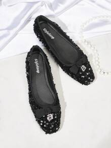 CUCCOO DOLLMOD Women's Glitter Decor Bow Knot Ballet Flats Fall - Black - View 1