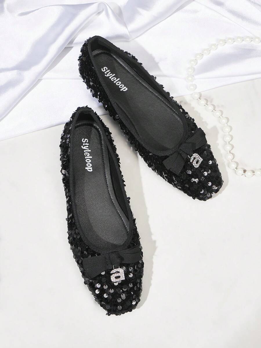 CUCCOO DOLLMOD Women's Glitter Decor Bow Knot Ballet Flats Fall - Black - View 1