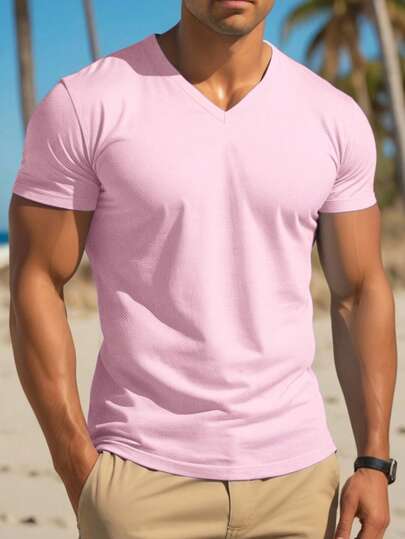 Manfinity RSRT Men's Solid Color V-Neck Short Sleeve Casual T-Shirt, Summer
