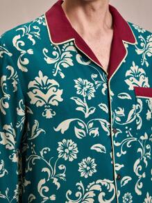 SHEIN EverLounge Ensemble de pyjama avec chemise à manches longues et pantalon, col à revers, imprimé floral, à simple boutonnage, pour homme