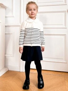 PrepCrw Young Girls Autumn/Winter School Style White & Blue Striped Single-Breasted Loose Long Sleeve Knitted Cardigan Back To School