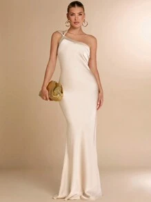 SHEIN BAE 女士杏色缎面不对称肩部镂空系带露背连衣裙，适合派对、鸡尾酒会、正式场合、浪漫约会、婚礼伴娘、秋冬季 - 杏色 - 查看 2