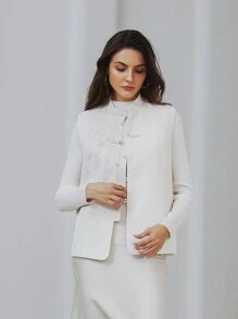 SHEIN Privé 女士优雅无袖刺绣纽扣休闲夹克 - 米色 - 查看 6