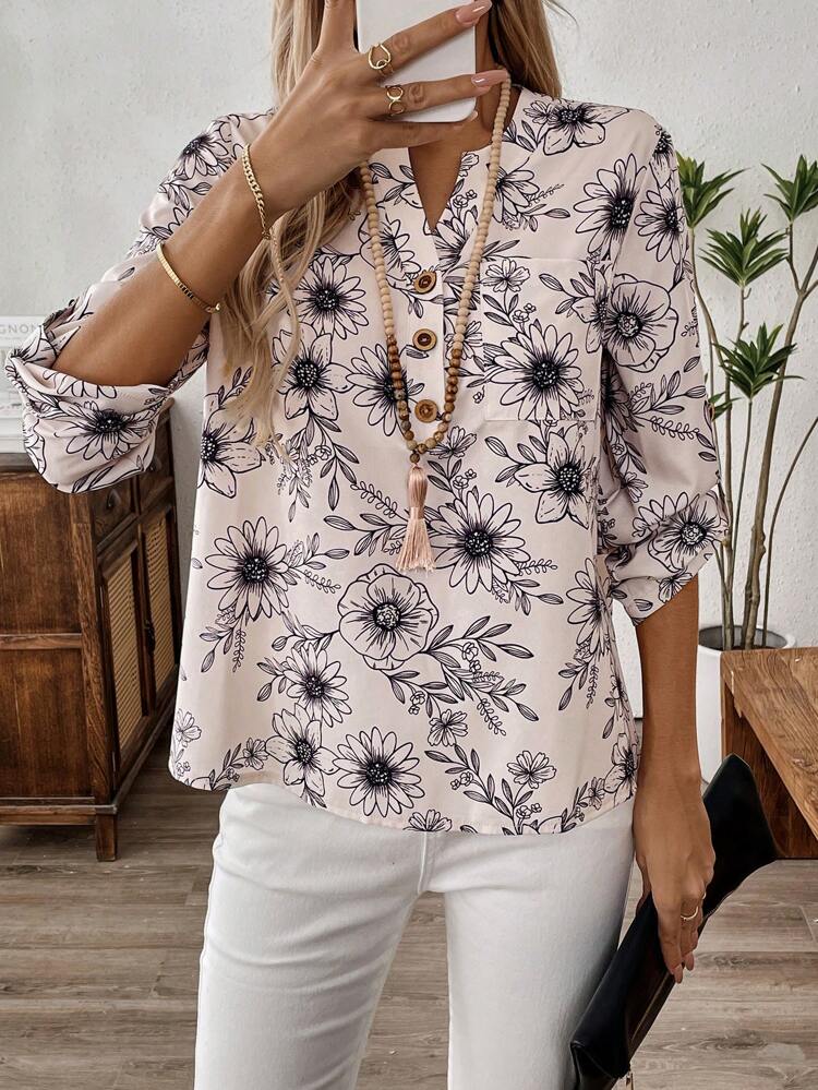 Women's Front Button Closure Mid-Length Sleeve Allover Floral Print Casual Blouse