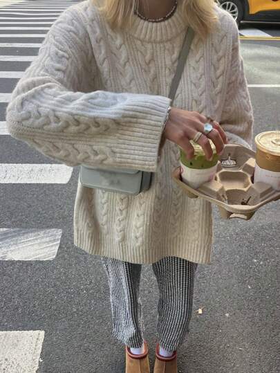 INAWLY Jersey casual con cuello redondo, hombros caídos y unicolor para mujer talla grande, otoño/invierno