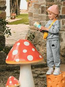 SHEIN Set de 2 piezas con estampado gráfico de expresión graciosa, retro, casual, vuelta al colegio, adecuado tanto para niños como para niñas, apropiado para juegos en casa o al aire libre - Gris - Ver 1