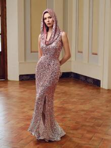 ZEYLAH SEQUINS SPLIT THIGH MERMAID HEM Dress WITH HOODIE