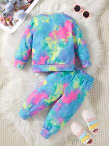 SHEIN 2pcs/Set Baby Girls' Casual Tie-Dye Letter Print Sweatsuit, Spring/Fall - Multicolor - View 2