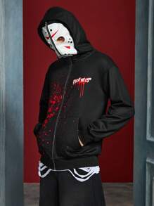 WB Horror X SHEIN Sudadera con capucha casual suelta para hombres con estampado de salpicaduras y máscara tipo Jason
