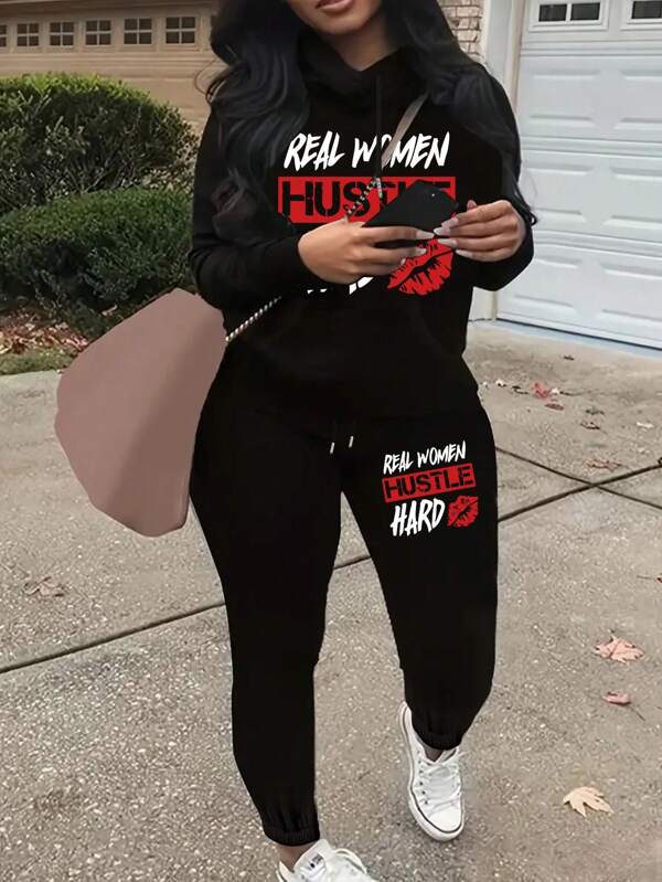 Plus Size Women Letter Print Round Neck Long Sleeve Sweatshirt And Sweatpants 2-Piece Set, Fashionable And Versatile