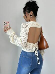 Chiquease Women's Plain Round Neck Raglan Sleeve Hollow Out Fashionable Sweater, For Spring & Autumn, Knit Pullover Fall Winter - Apricot - View 2