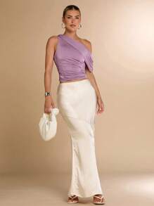 SHEIN BAE Women's Solid Color Asymmetrical Neck Ruched Fitted Blouse, Summer - Dusty Pink - View 6