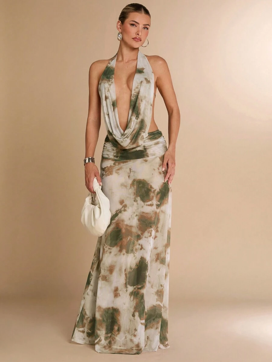 SHEIN BAE 女式扎染印花 V 领露背连衣裙，带肩带细节，夏季 - 軍綠色 - 查看 1