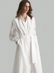 Ontre 白色刺绣亚麻休闲衬衫式连衣裙（带衬里） - 白色 - 查看 5