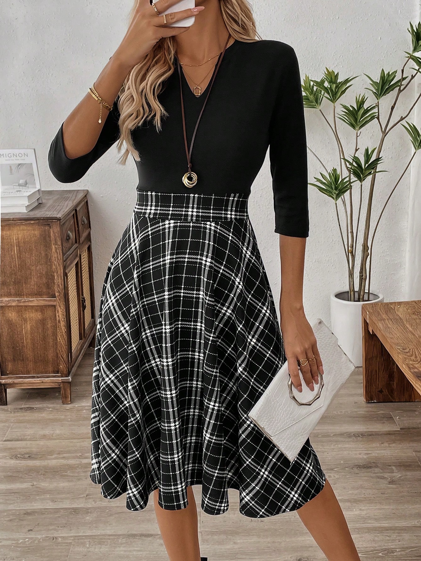 Women's Spring And Summer V-Neck 3/4 Sleeve Plaid Patchwork Elegant Commuter Dress Fall Women DressesEmery Rose Women's Spring And Summer V-Neck 3/4 Sleeve Plaid Patchwork Elegant Commuter Dress Fall Women DressesEmery Rose