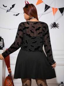 SHEIN EZwear Plus Size Women Black Jacket & Dress 2pcs Set, Halloween Clothes, Halloween Curve, Fall Two Pieces Sets, Bat, Mesh, Witchy Clothes