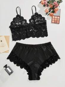 Plus Size Black Lace Sexy Lingerie Set - Black - View 4