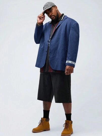 Manfinity VCAY 大码男士休闲编织条纹宽松长袖西装外套适合秋冬季节