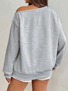 Flirla 1 件灰色不对称肩纯色长袖罗纹袖口和下摆休闲运动运动衫