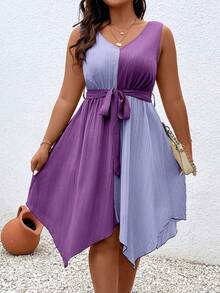 Celure Plus Size Women's Summer Contrast Color V-Neck Knotted Waist Asymmetric Hem Sleeveless Dress - Multicolor - View 6