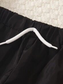 SHEIN 3pcs/Set Young Boy Casual Sports College Style Short Sleeve T-Shirt, Hooded Half-Zip Jacket With Label, And Label Printed Pants, Suitable For Daily Wear, School, Sport, Outdoor Activities In Spring And Summer, Cool Fashion Summer Holiday - Black - View 4